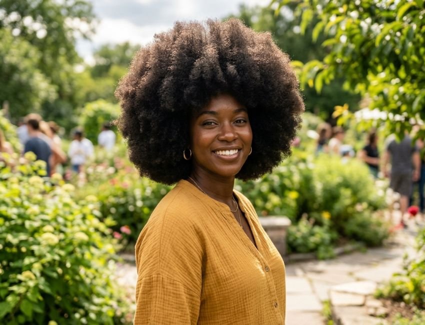 Natural Afro hairstyle for Black women with healthy textured hair