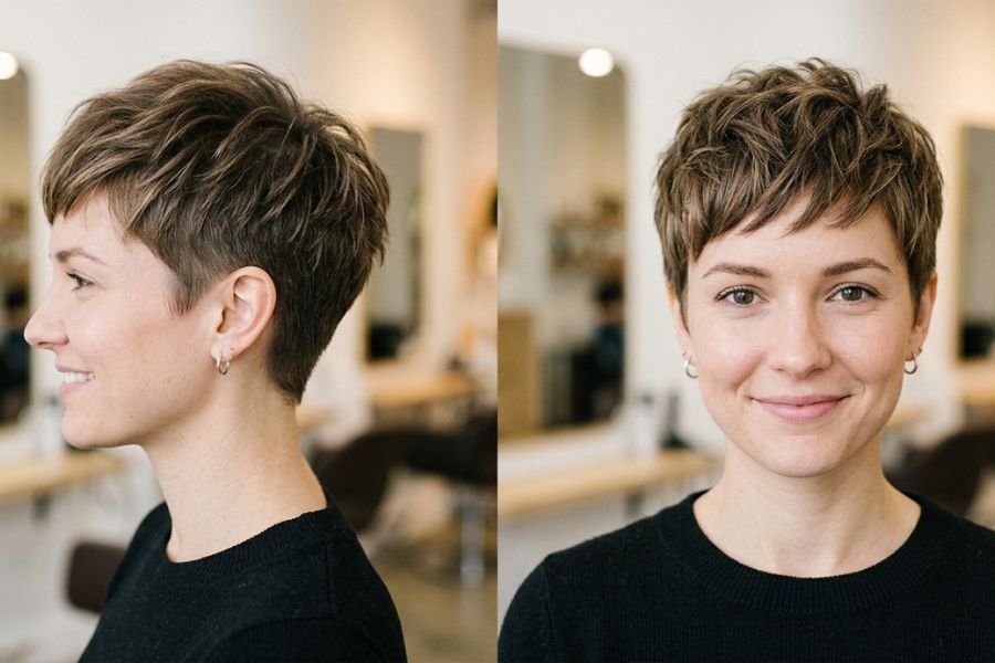 Modern pixie haircut with tapered sides and textured top