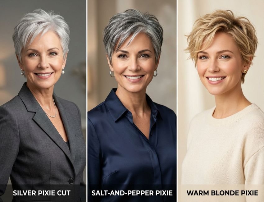 Pixie haircut with silver and natural hair color
