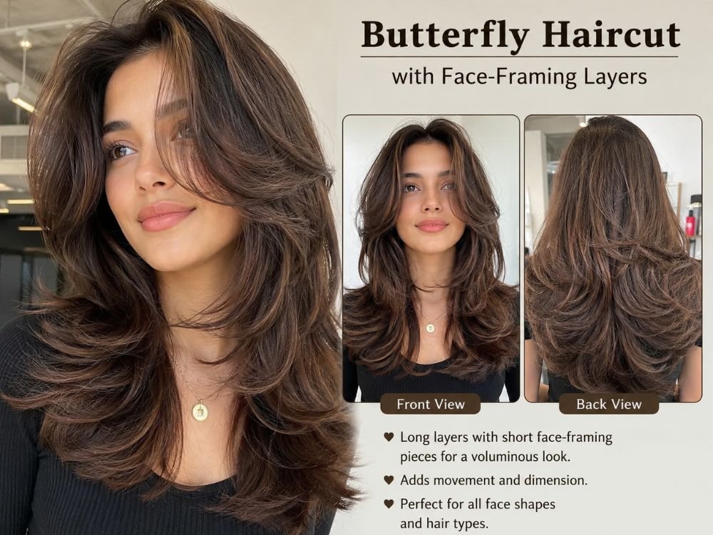 Butterfly hair cut style for women with face framing layers