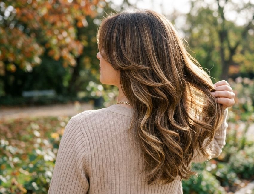 butterfly haircut with caramel balayage for thick hair