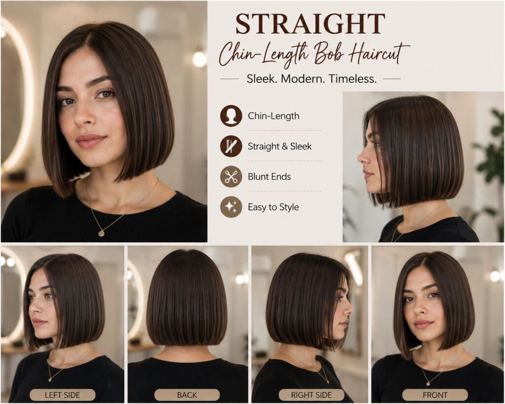 Classic bob hair cut style for women with sleek chin-length hair