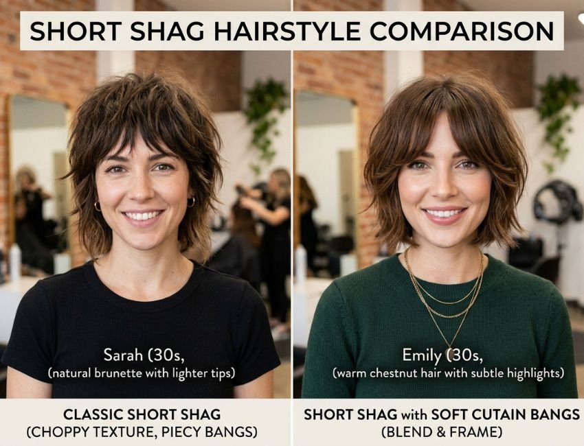 Classic short shag haircut and short shag with curtain bangs