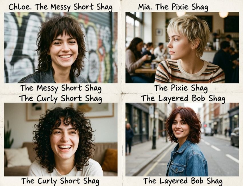 Different short shag haircut styles including pixie, curly, messy, and bob shag