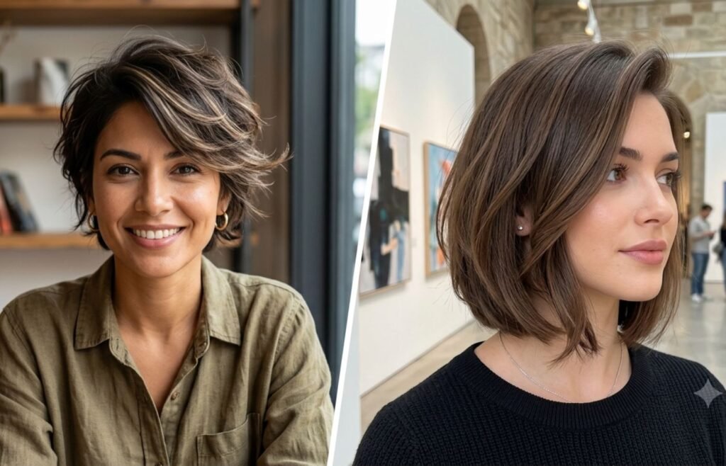 Feathered pixie and side swept hairstyle