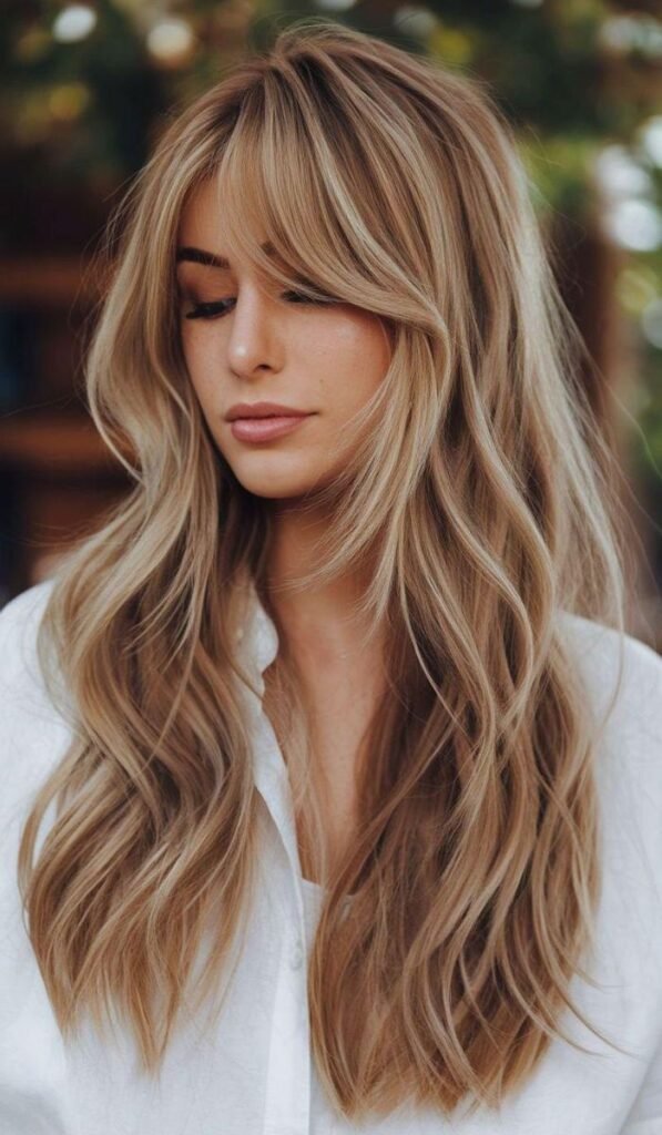 Hair cut style for women with soft curtain bangs and long hair