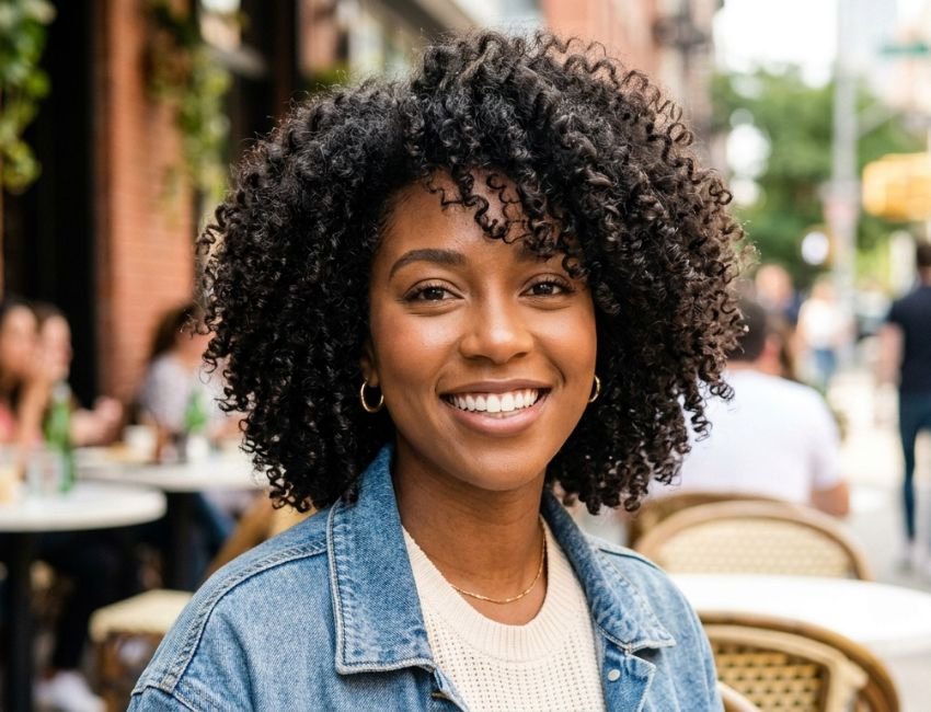 Layered curly bob haircut with natural volume