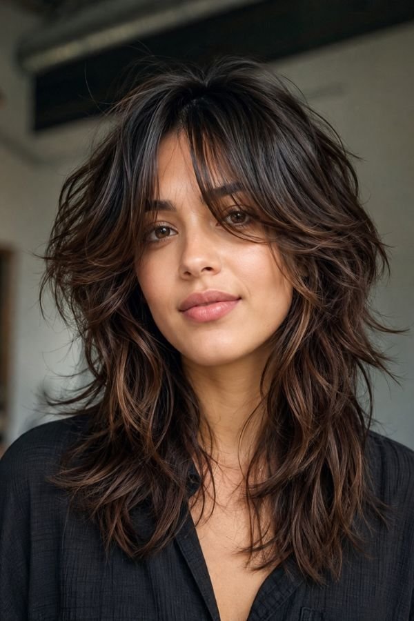 Long shag haircut with face framing layers