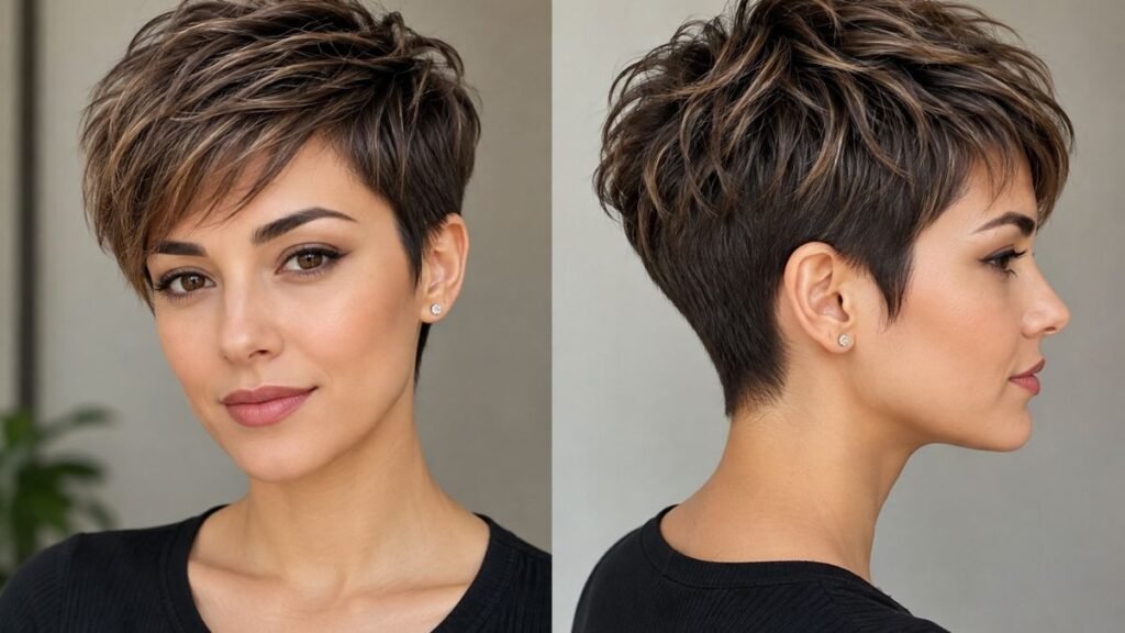 Modern pixie hair cut style for women with short textured hair