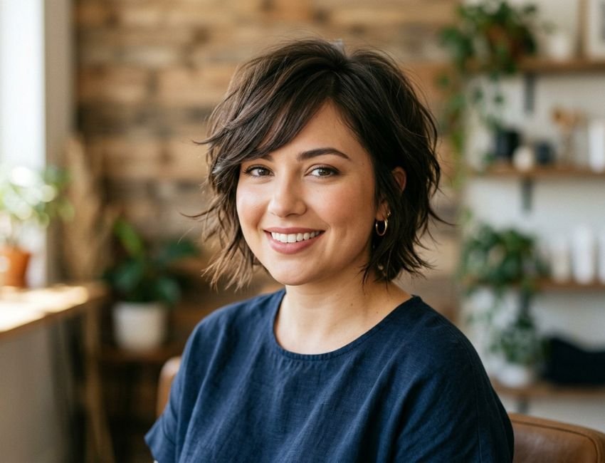 Short layered bob haircut for a round face