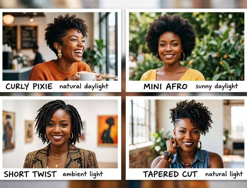 Short natural haircut styles for Black women including pixie and mini afro