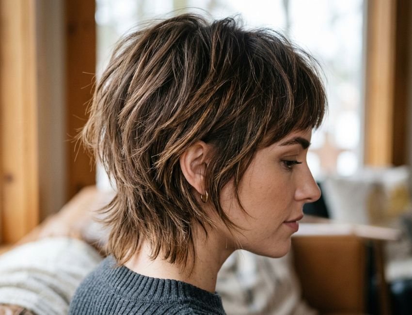 Short shag haircut showing layered structure and feathered textured ends