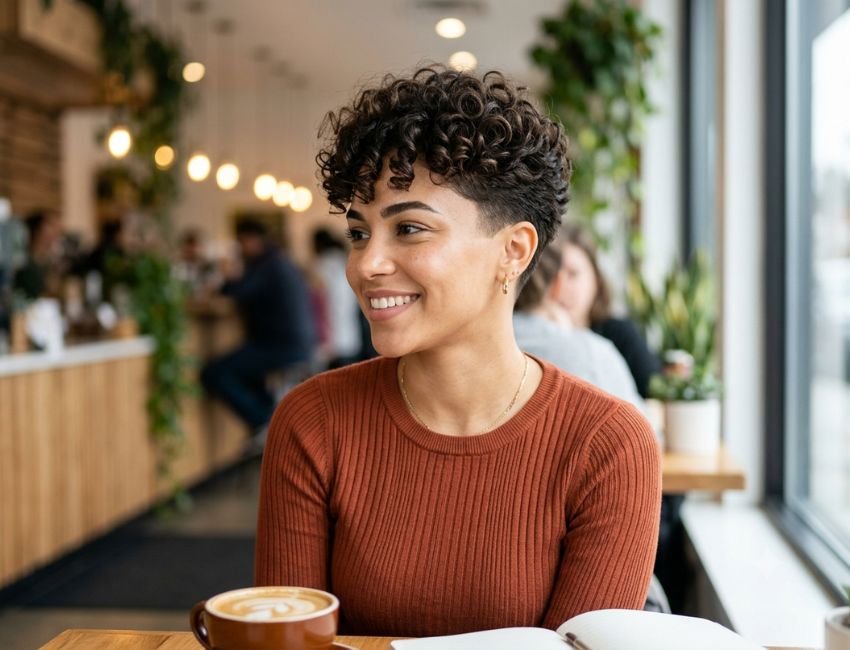 Tapered curly haircut with short sides