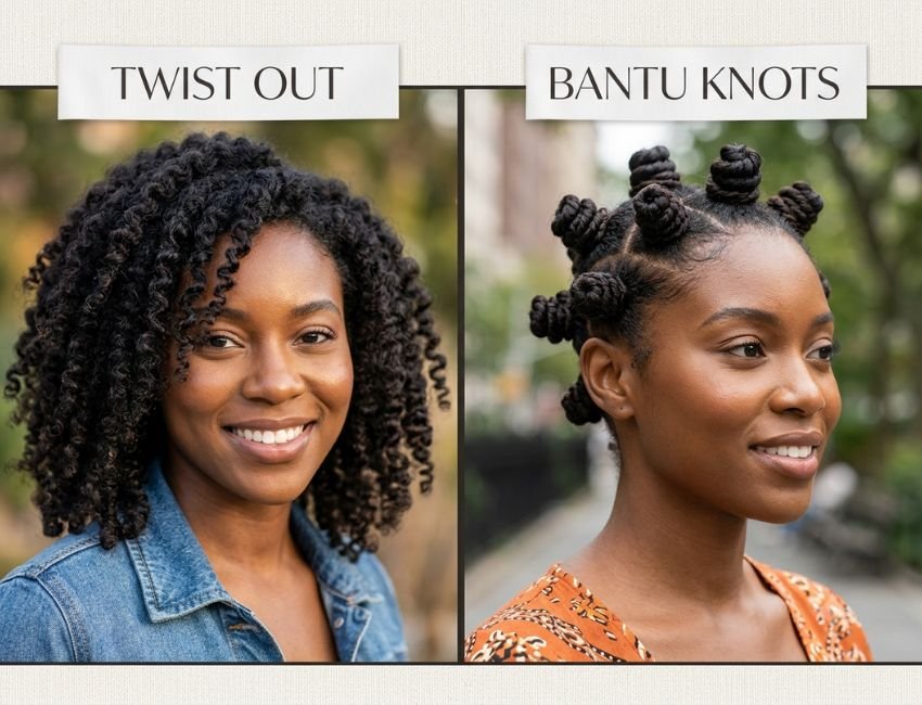 Twist out and Bantu knot natural hairstyles for Black women