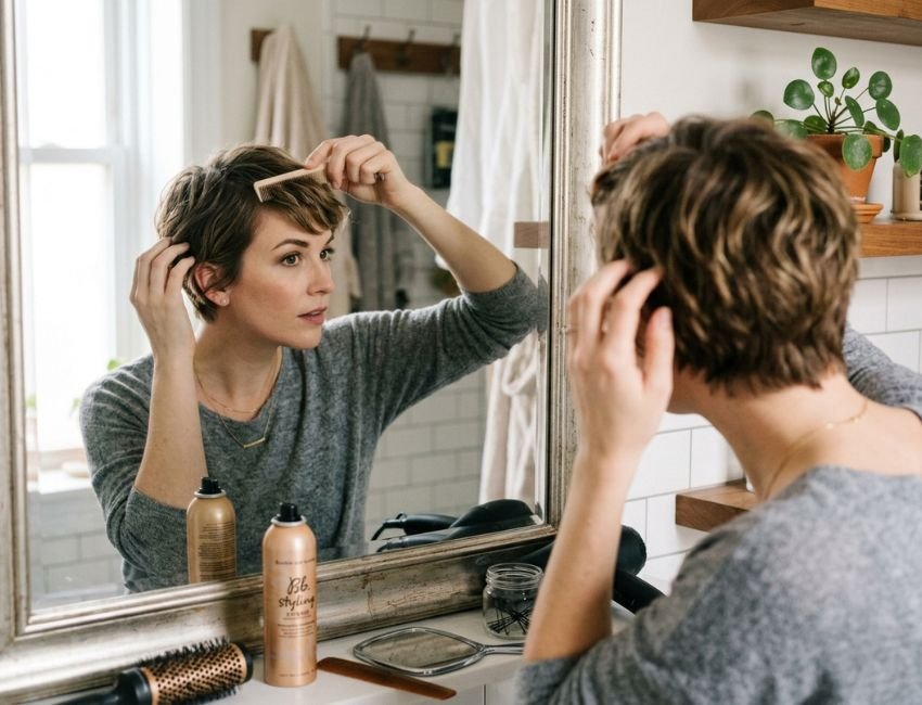 woman-styling-a-short-haircut-in-front-of-a-mirror