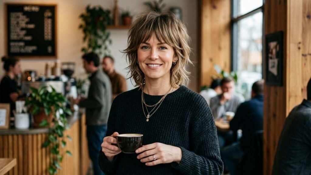 Woman with a modern short shag haircut with textured layers and volume