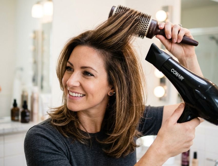 Blow drying layered hair with a round brush for volume