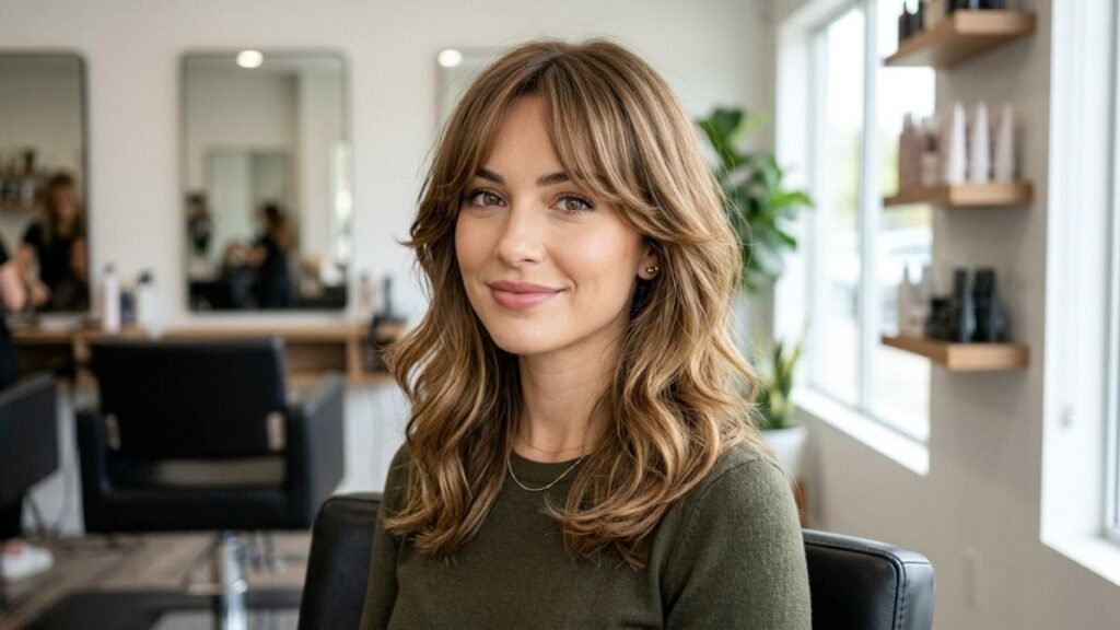 Curtain bangs for oval face with soft face-framing layers
