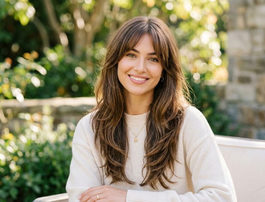 Curtain bangs with layers for a round face and double chin