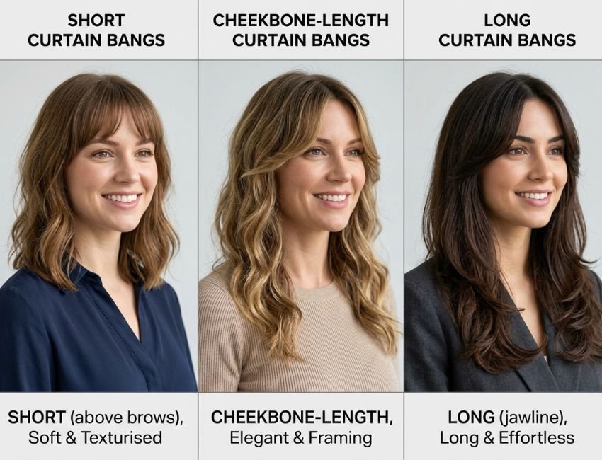 Different curtain bang lengths for oval face
