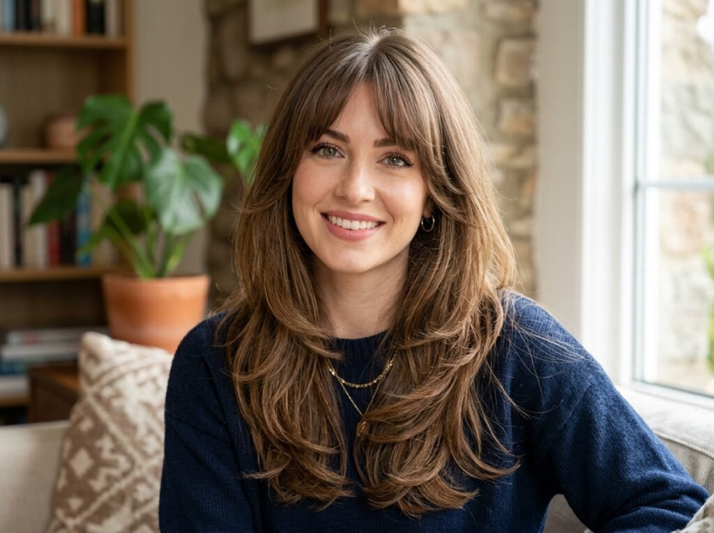 Face framing layers with curtain bangs for long hair