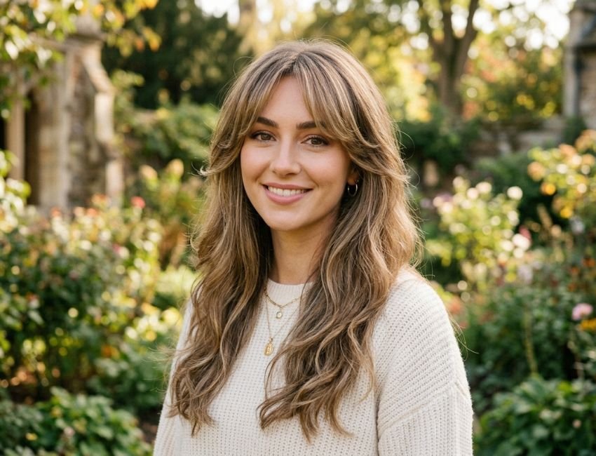 Long hair with curtain bangs for oval face