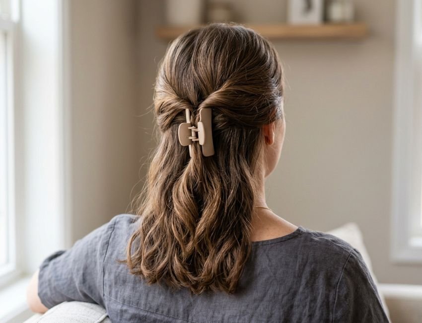 Easy office hairstyle for medium hair using a claw