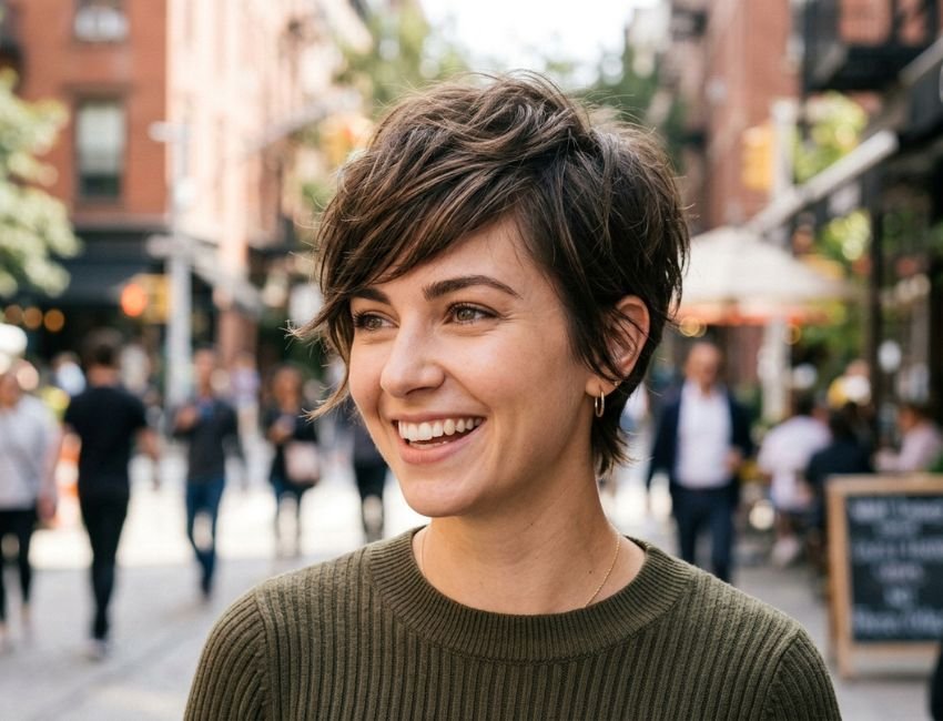 Textured pixie with side bangs for fine hair