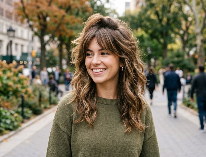 Textured shag haircut for round face and double chin